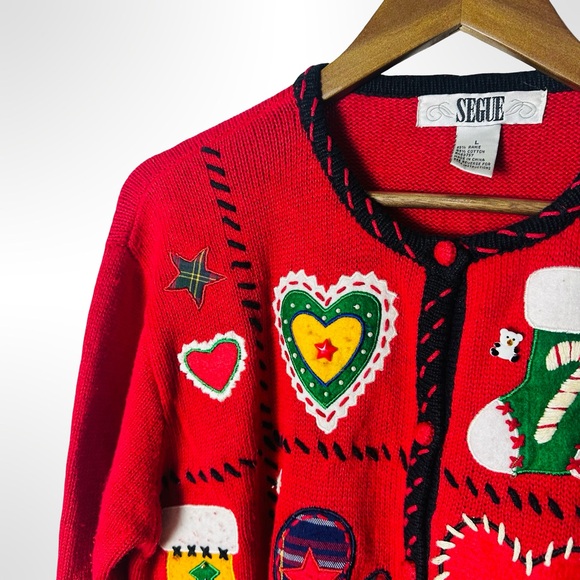 Vintage 80s Segue Christmas Cardigan Sweater Large Holiday Appliqué Knit Cottage - Picture 4 of 15